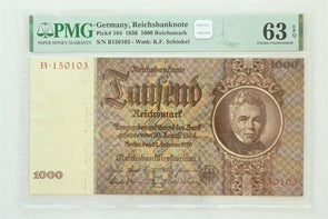 Germany 1936 1000 Reichsmark PMG Choice UNC 63EPQ Reichsbanknote. Pick # 184 Wm