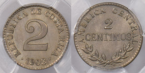 Costa Rica 1903 2 Centimos PCGS MS 65 finest known, None Finer PC1322 combine sh