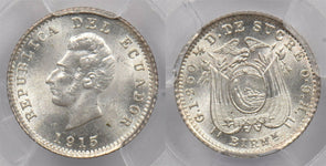 Ecuador 1915 1/2 Decimo Eagle animal PCGS MS 65 rare condition Birmm PC1253 comb
