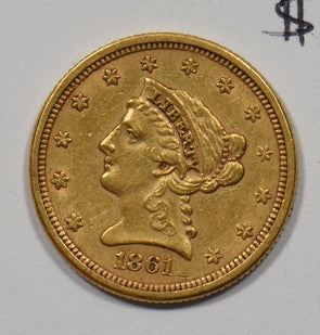 1861 $2.50 Gold Liberty Head Quarter Eagle gold New Reverse XF-AU GL0283