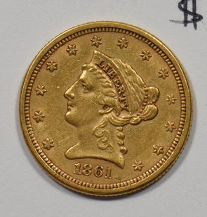 1861 $2.50 Gold Liberty Head Quarter Eagle gold New Reverse XF-AU GL0283