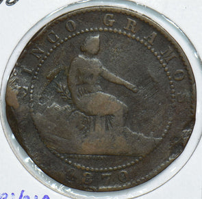 Spain 1870 5 Centimos Lion animal Uneven Planchat 904763 combine shipping