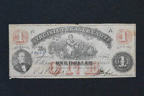 US 1862 $1 Note F-VF Virginia Treasury RN0108 combine shipping