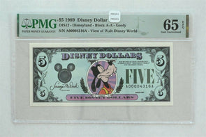 Disney Dollar 1989 $5 PMG Gem UNC 65EPQ DIS12. Goofy. View of World Disney Wor