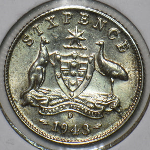 Australia 1943 D 6 Pence Kangaroo animal Emu 195605 combine shipping