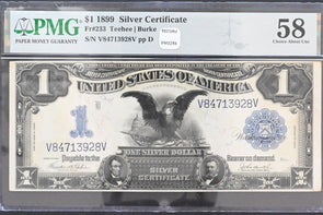 US 1899 $1 PMG Choice AU 58 Silver Certificates Large Size Black Eagle #Fr233 Te
