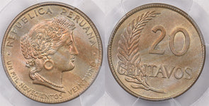 Peru 1921 20 Centavos PCGS MS 64 Color Toning PC1294 combine shipping