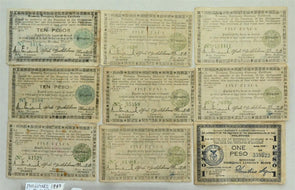 Philippines 1943 WWII Emergency 1-Peso (Mindanao), 6-5 Pesos, 2-10 Pesos Lot of