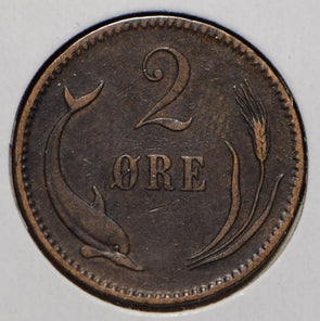 Denmark 1875 2 Ore Dolphin animal  901514 combine shipping