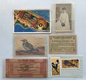 US 1932 Chicago Misc lot of wooden nickels bird cards + vintage postcard BL0105