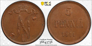 Finland 1911 5 Pennia PCGS AU58 PC0901 combine shipping