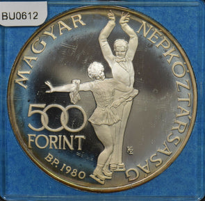 Hungary 1980 500 Forint Proof Silver. Lake Placid winter olympics ice skaters BU