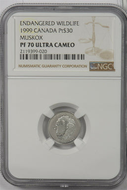 Canada 1999 30 Dollars platinum Muskox animal NGC Proof 70 Ultra Cameo 0.1oz pla