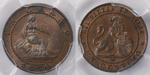Spain 1870 OM Centimo Lion animal PCGS MS 64 BROWN KM-660 PI0211 combine shippin