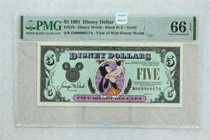 Disney Dollar 1991 $5 PMG Gem UNC 66EPQ DIS25. Goofy. View of Walt Disney Worl