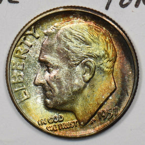 1957 Roosevelt Dime 90% silver Rainbow toning Gem BU U0277