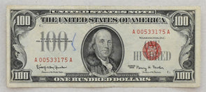 US 1966 United States Notes Small 100 Dollars US red seal note XF+ w/ bank mark