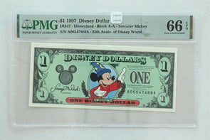 Disney Dollar 1997 Dollar PMG Gem UNC 66EPQ DIS47. Sorcerer Mickey. 25th Anniv.
