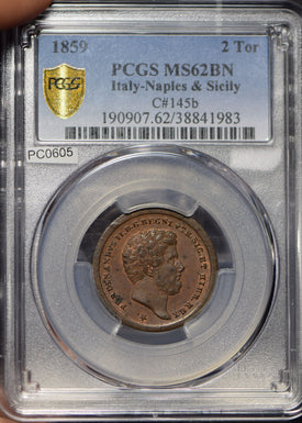 Italian States 1859 Naples and Sicily 2 Torenesi PCGS MS62BN C#145b PC0605 combi