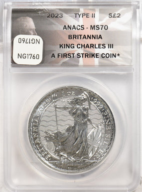 2023 Silver Round 2 Pound Britannia King Charles First Release ANACS MS70 NG1760