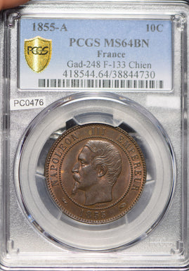 France 1855 10 Centimes Eagle animal PCGS MS64BN full luster Gad-248 F-133 Chien
