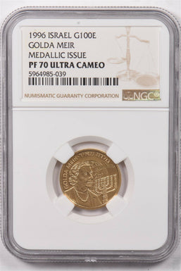 Israel 1996 100 Euro gold NGC Proof 70 Ultra Cameo 0.1oz gold. Golda Meir medall