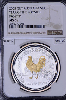 NG0117 Austria 2005  Dollar NGC MS 68 Gilt YEAR OF THE ROOSTER FROSTED