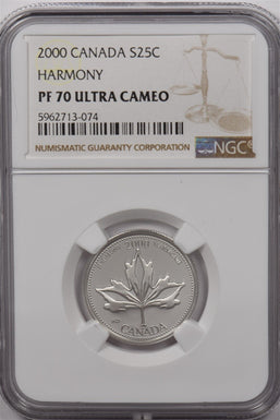 Canada 2000 25 Cents Silver NGC Proof 70 Ultra Cameo Harmony Perfect 70 NG1600 c