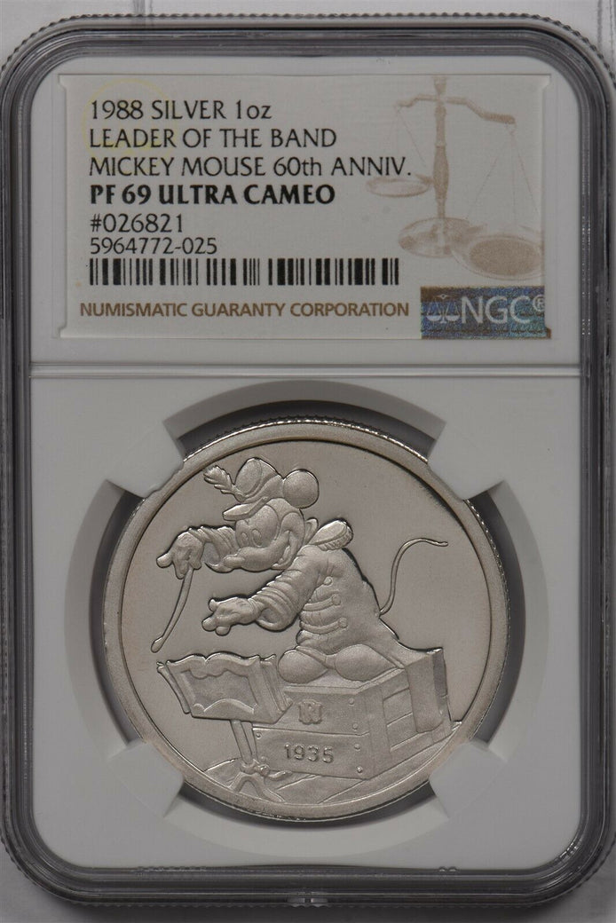 1988 silver NGC PF 69UC Leader of The Band Mickey Mouse 60th Anniversary 1Oz S