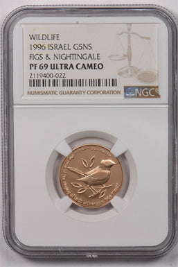 Israel 1996 5 New Sheqalim gold Nightingale animal NGC Proof 69 Ultra Cameo 0.24