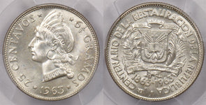 Dominican Republic 1963 25 Centavos PCGS MS 66 100 Year Ann. of Restoration, PCG