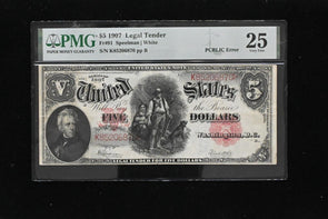US 1907 $5 PMG VF25 United States Notes FR#91 Speelman White PCBLIC Error PM0418