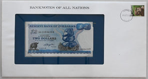 Zimbabwe 1983 2 Dollars (1980) Bank of all nations. 9 Cents Rhino stamp cancelle