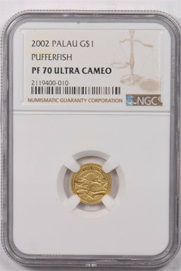 Palau 2002 Dollar gold Pufferfish animal NGC Proof 70 Ultra Cameo 0.5 gram gold