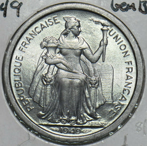 French Polynesia 1949 2 Francs Gem BU Oceania 297881 combine shipping