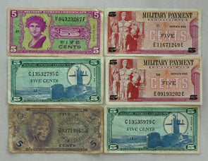 US Military Payment Certificates 5 Cents Lot of 6 pieces. Series 541-692 Mostly