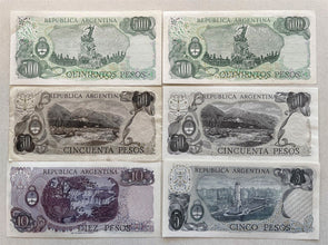 Argentina 1972 ~77 4 Denoms, 2-500 Pesos, 2-50 Pesos, 1-10 Pesos, 1-5 Pesos 6 pc