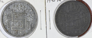 Belgium 1943 /1941 5 Francs 2 Coins 290395 combine shipping
