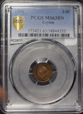 Ceylon 1901 1/4 Cent PCGS MS63BN incandescent blue toning PC0833 combine shippin
