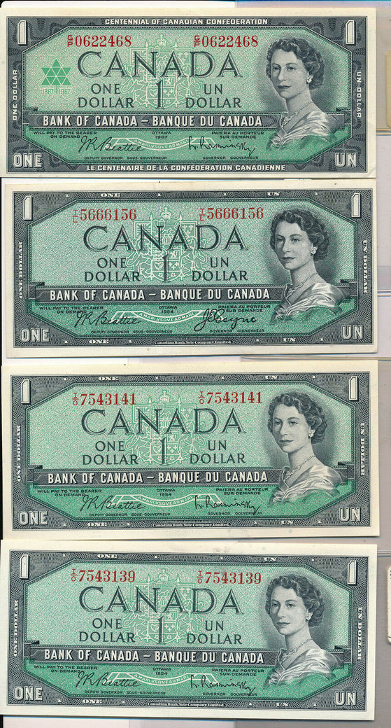 RC0124 Canada 1954 $1 AU~UNC lot of 4, various signiture combine shipping