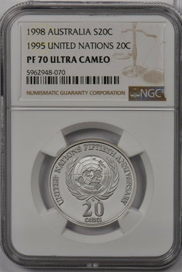 Australia 1998 20 Cents silver NGC Proof 70UC 1995 United Nations 20C Perfect 70