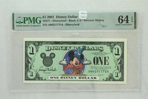 Disney Dollar 2001 Dollar PMG Choice UNC 64EPQ DIS71. Sorcerer Mickey. Disneyla