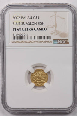 Palau 2002 Dollar gold Blue surgeonfish animal NGC Proof 69 Ultra Cameo 0.5 gram