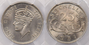 Seychelles 1951 25 Cents PCGS MS 67 Finest Known PC1277 combine shipping
