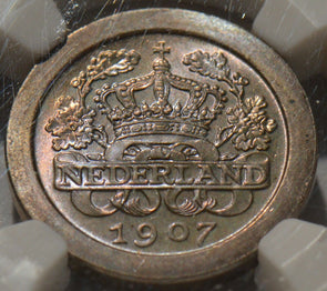NG0014 1907 Netherlands 5 cents NGC MS 66 purple/magenta toning