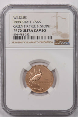 Israel 1998 5 New Sheqalim gold Stork animal NGC Proof 70 Ultra Cameo 0.2497oz g