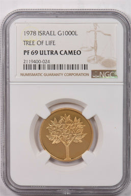 Israel 1978 1000 Lirot gold NGC Proof 69 Ultra Cameo 0.3472oz gold. Tree of life