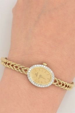 Omega 14K Gold Diamond Watch 16.6g Diamond TCW 0.32ct 7.25inch w box&certificate