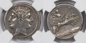 Roman Republic 225 -214/2 c. BC AR Quadrigatus silver NGC XF 6.72g Dioscuri(?)/q