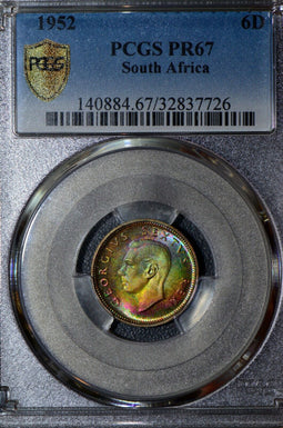 PC0011 1952 South Africa 6 Pence PCGS PR67 stunning toning